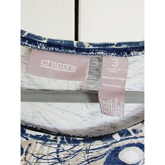 Chico's 3 Cotton T-Shirt Top 3/4 Slv. Tan Blue Peacock Feathers Beaded Cotton - Picture 7 of 7